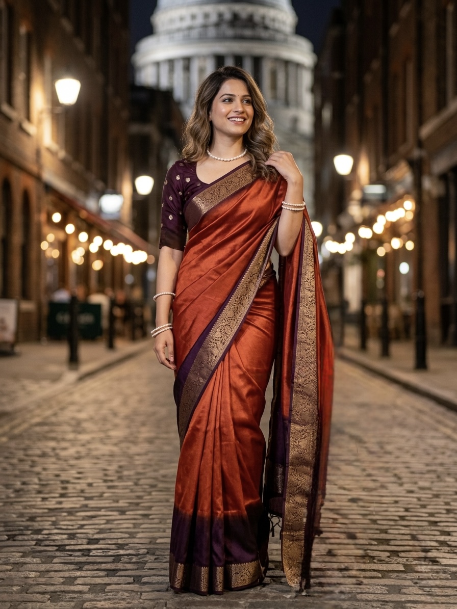 Dola Silk Saree - Orange & Brown