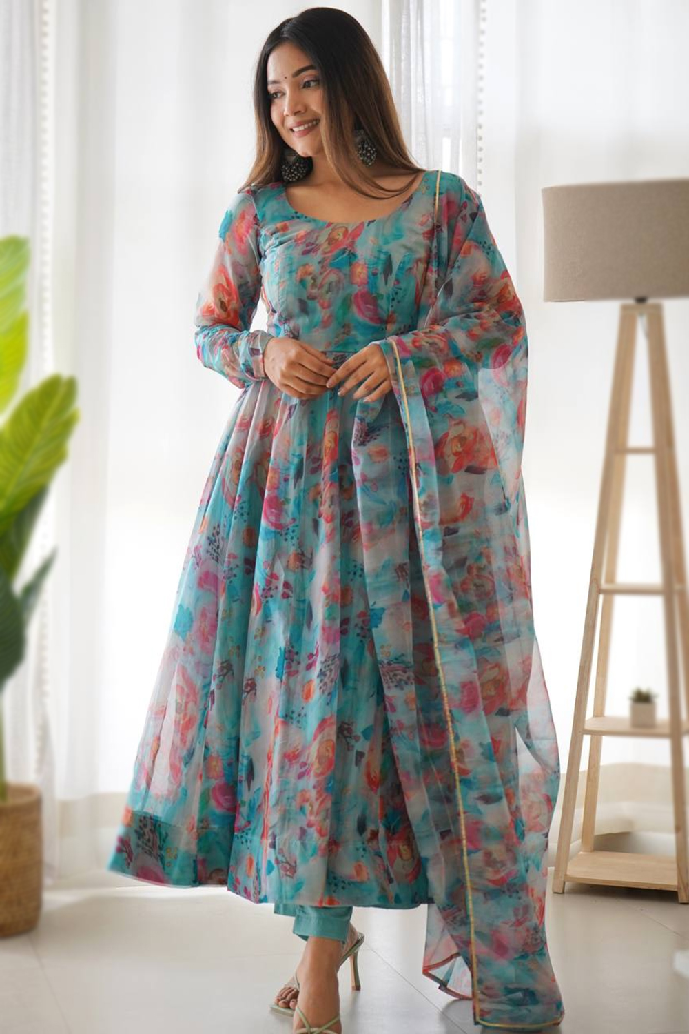 Sky Blue Organza Floral Printed