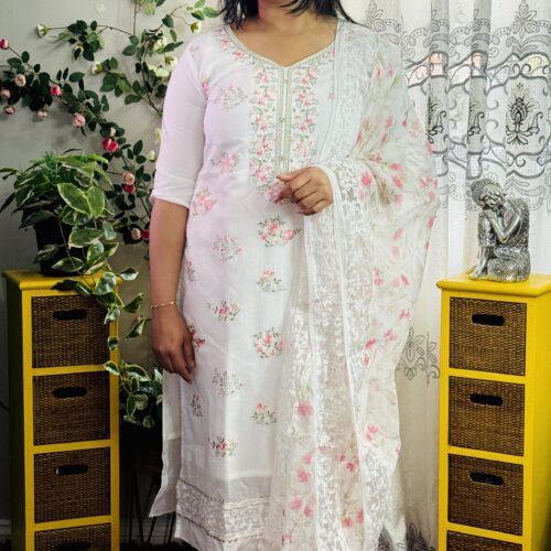 Cotton Floral Thread Embroidery Salwar - White