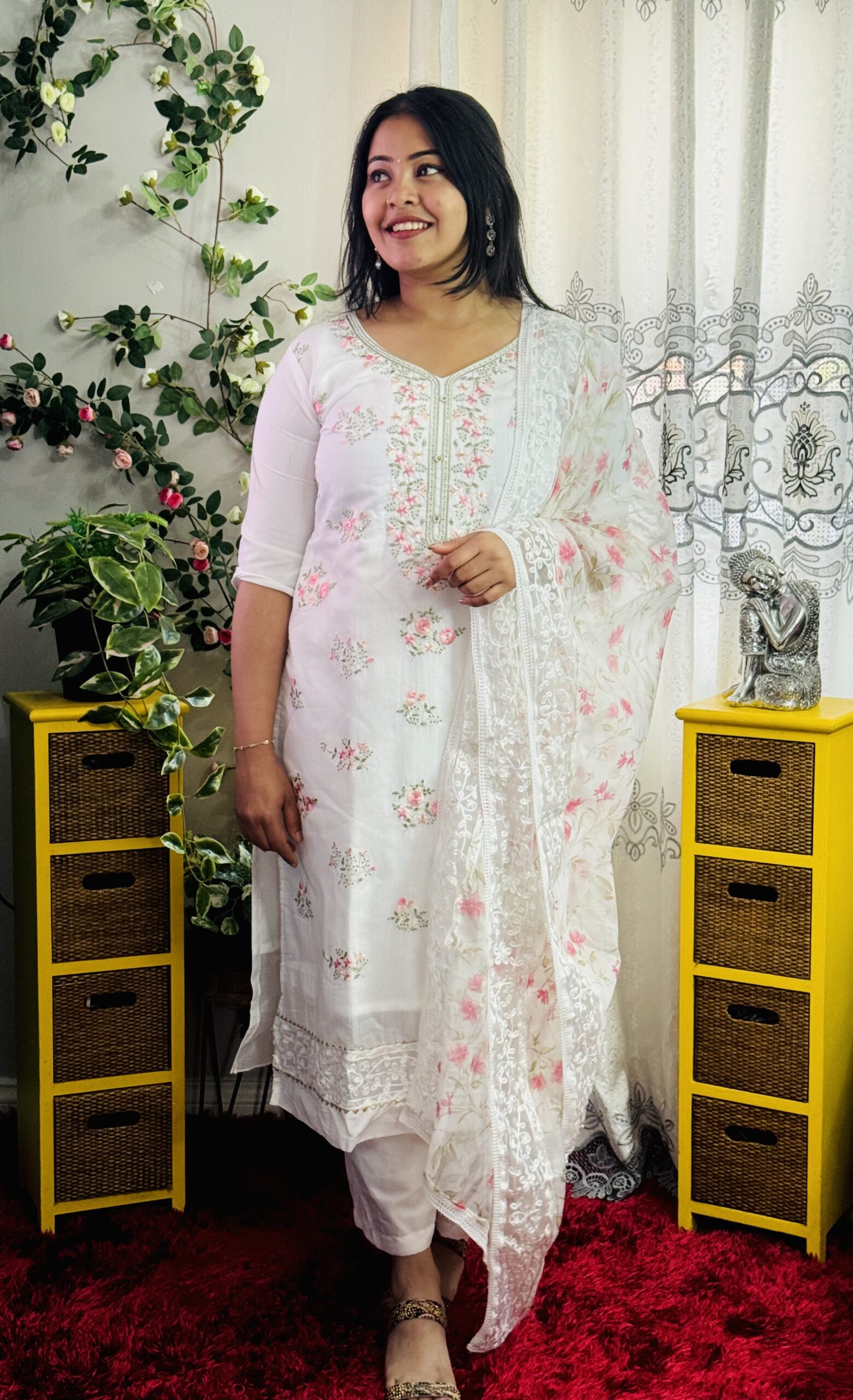 Cotton Floral Thread Embroidery Salwar - White