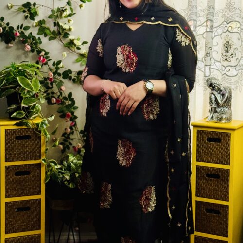 Mul Chanderi Designer Embroidery Work Salwar Set - Black