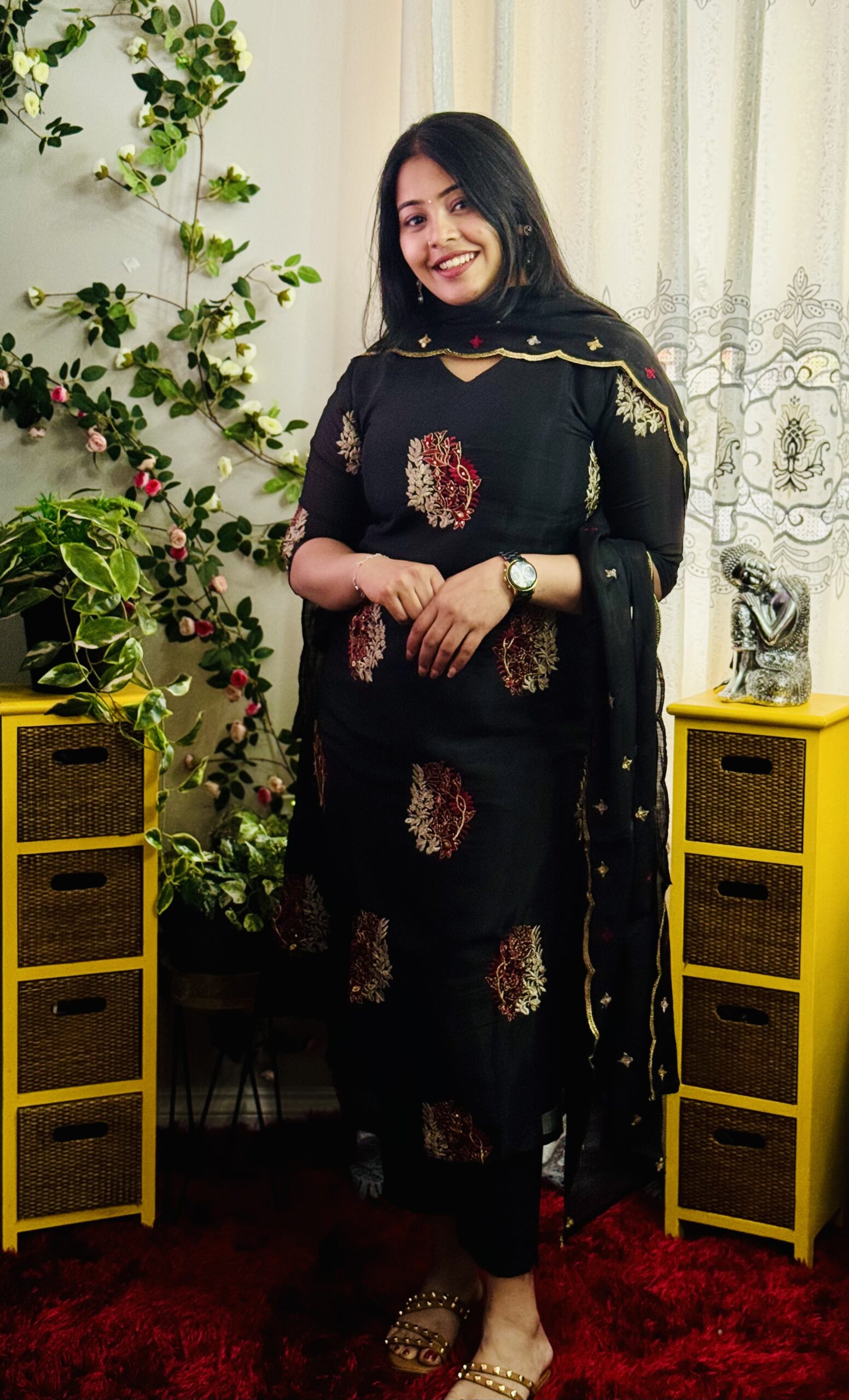 Mul Chanderi Designer Embroidery Work Salwar Set - Black