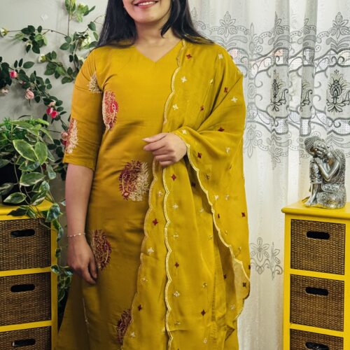 Mul Chanderi Designer Embroidery Work Salwar Set - Mustard Yellow
