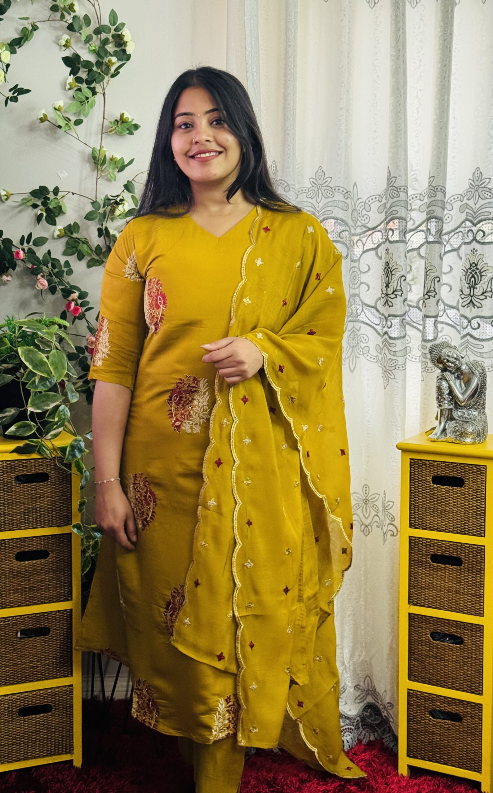 Mul Chanderi Designer Embroidery Work Salwar Set - Mustard Yellow