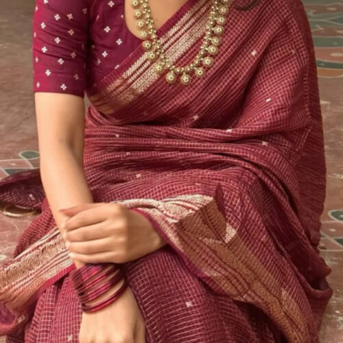 Viscose Check Sareee - Maroon