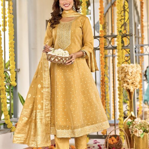Designer Panel-Cut Tissue Silk Suit with Embroidery - Golden yellow