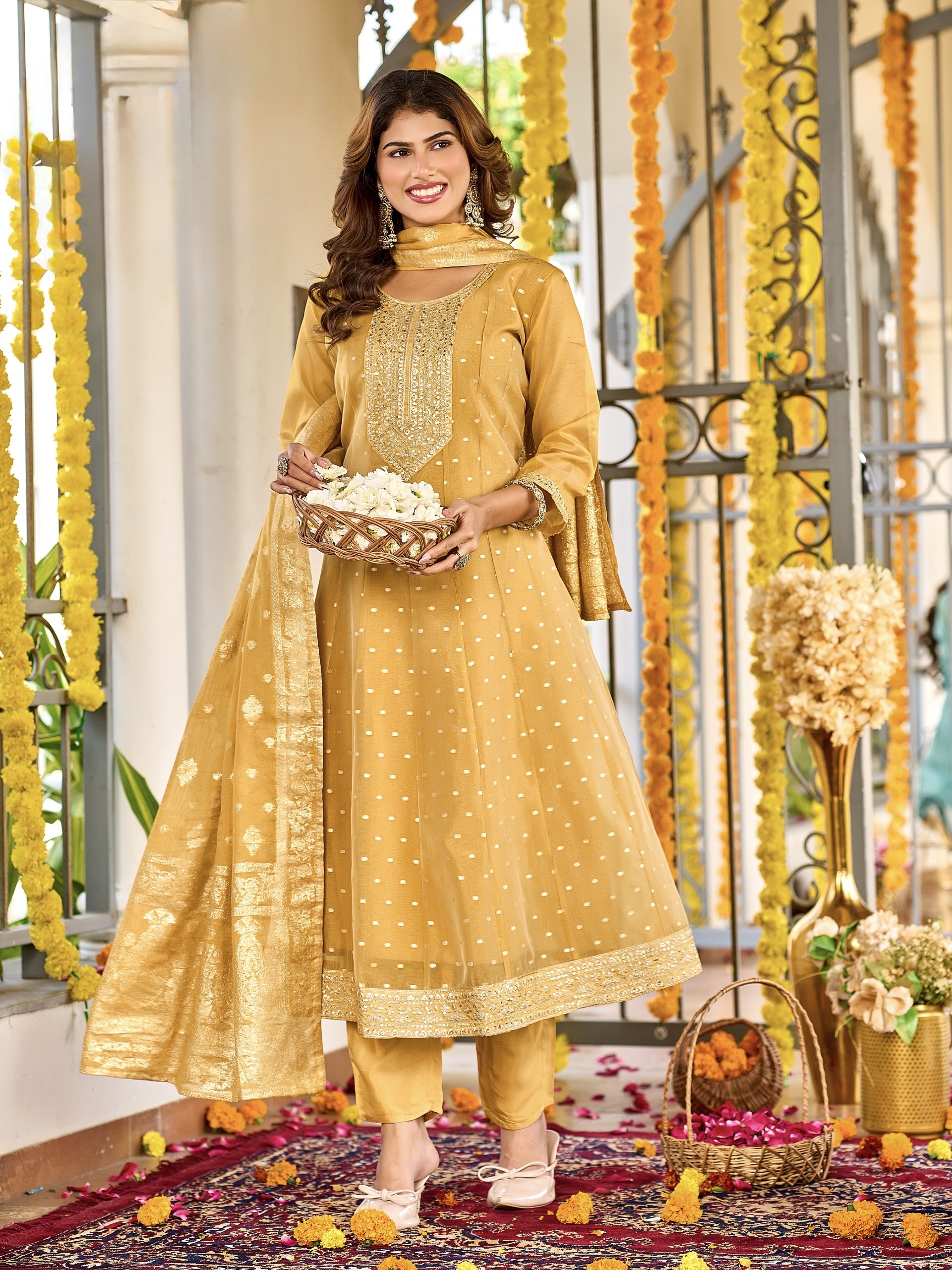 Designer Panel-Cut Tissue Silk Suit with Embroidery - Golden yellow