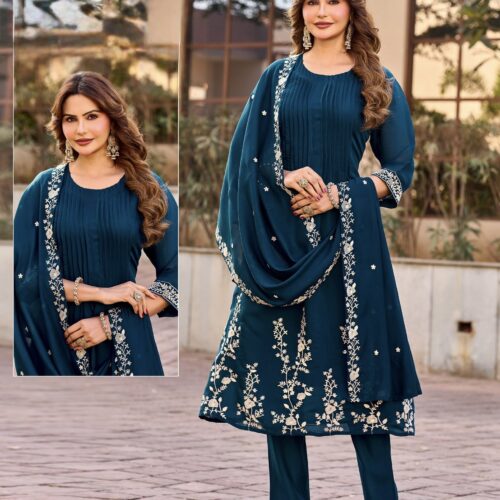 Mul Cotton Embroidery Work Salwar Set - Navy Blue