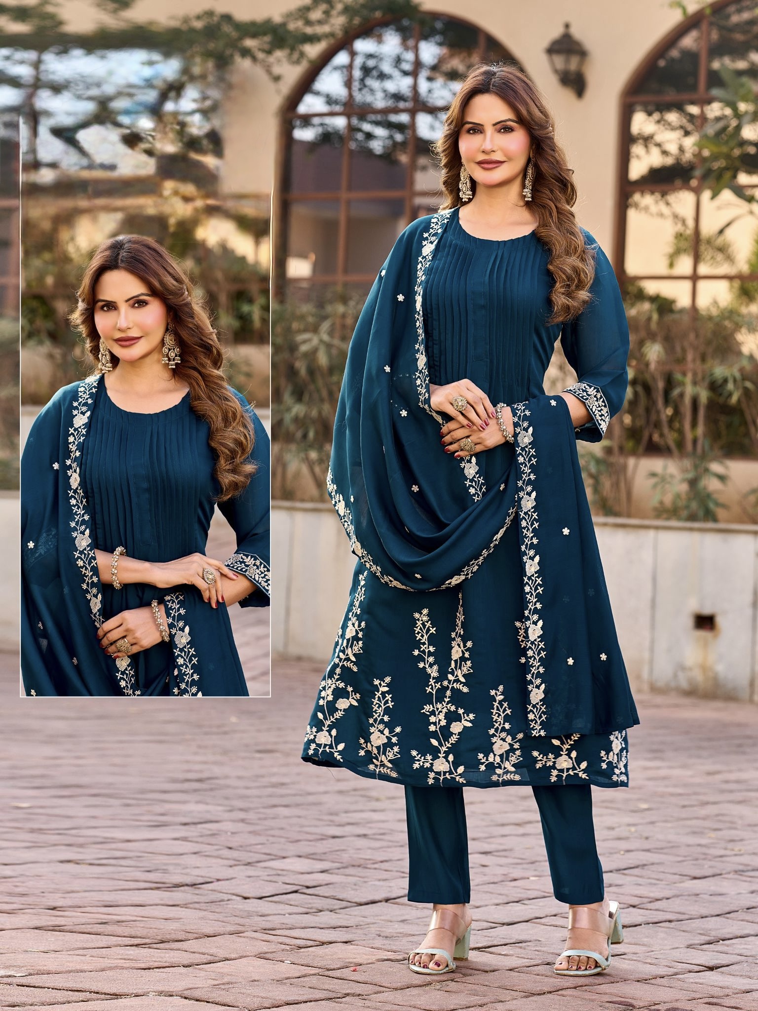 Mul Cotton Embroidery Work Salwar Set - Navy Blue