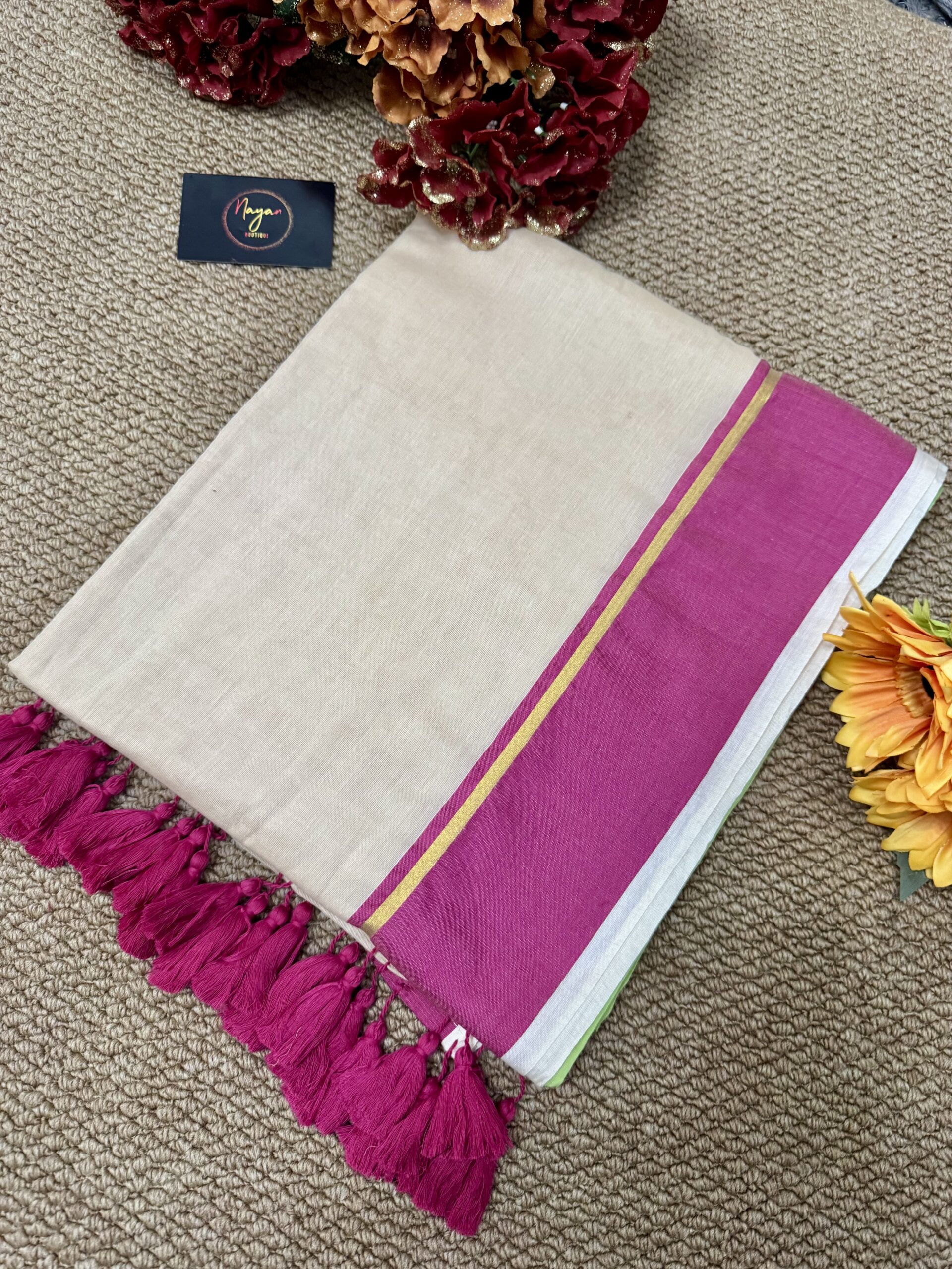 MulMul Cotton Saree - Pink & Green