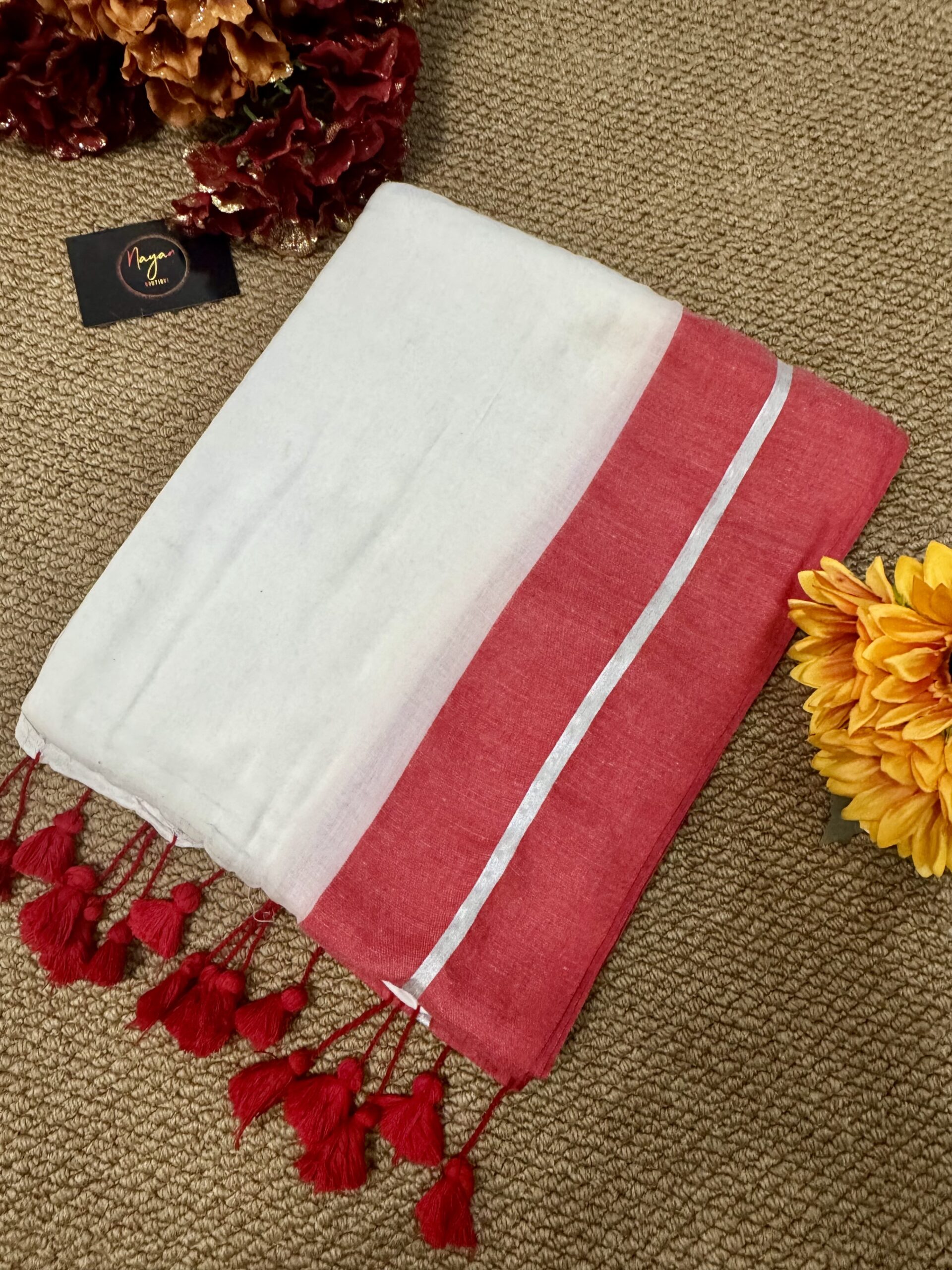 MulMul Cotton Saree - Red