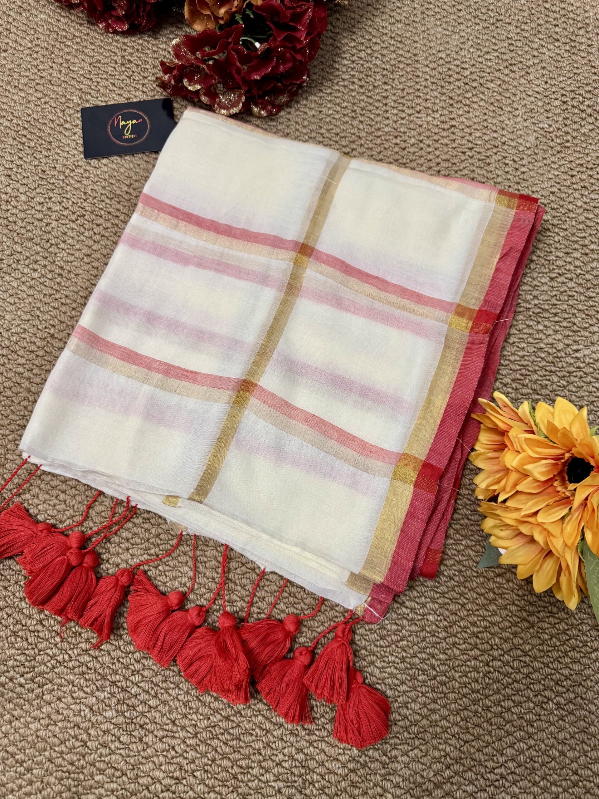 MulMul Cotton Saree - Check Red
