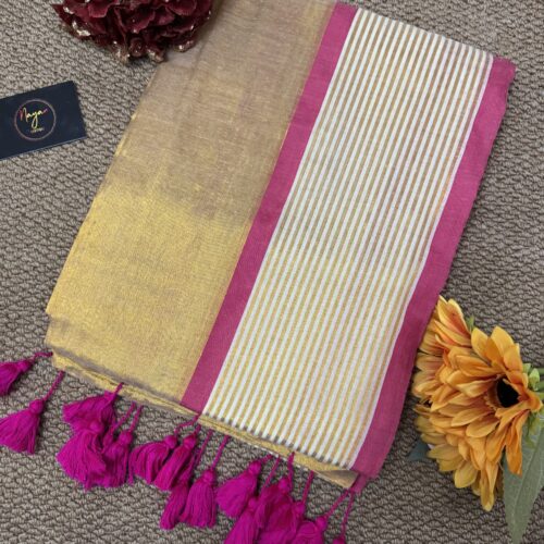 MulMul Tissue Golden Saree - Pink