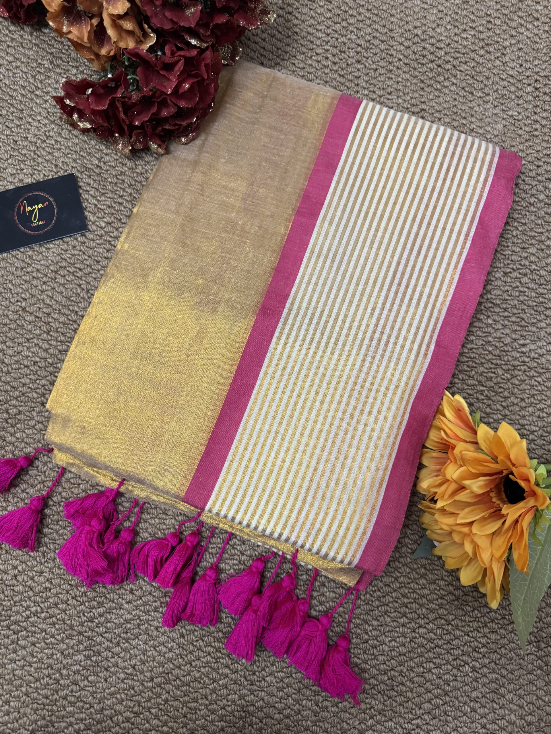 MulMul Tissue Golden Saree - Pink