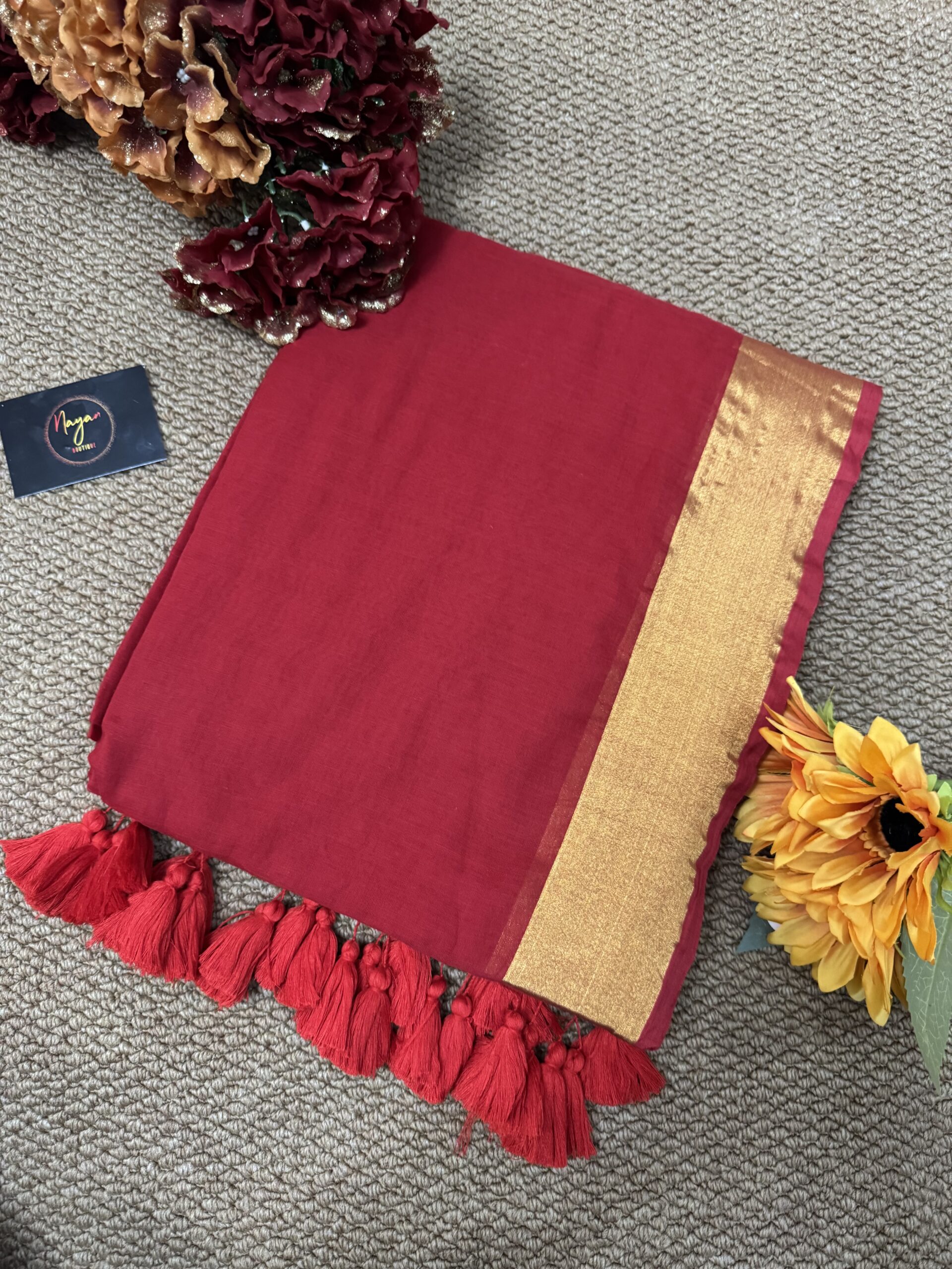 MulMul Cotton Saree - Red