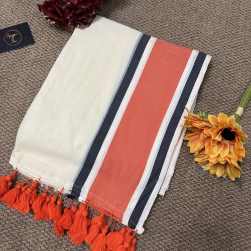 MulMul Cotton Saree - Orange & Black