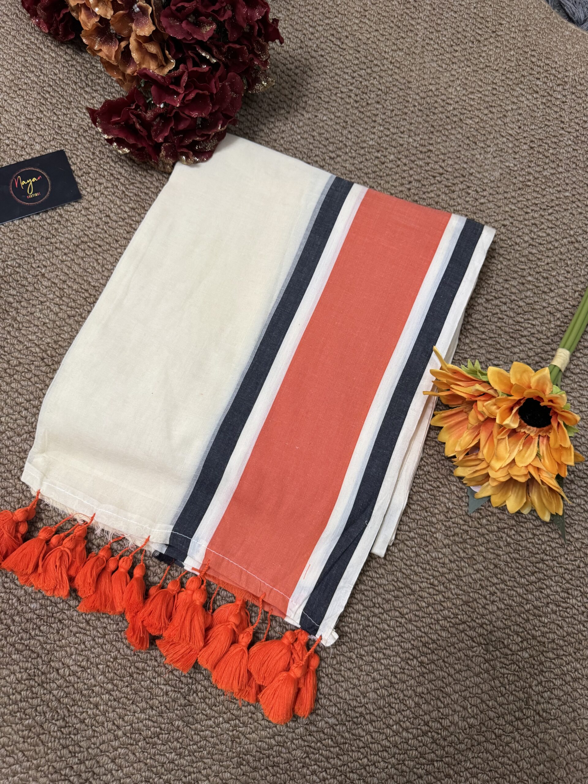 MulMul Cotton Saree - Orange & Black