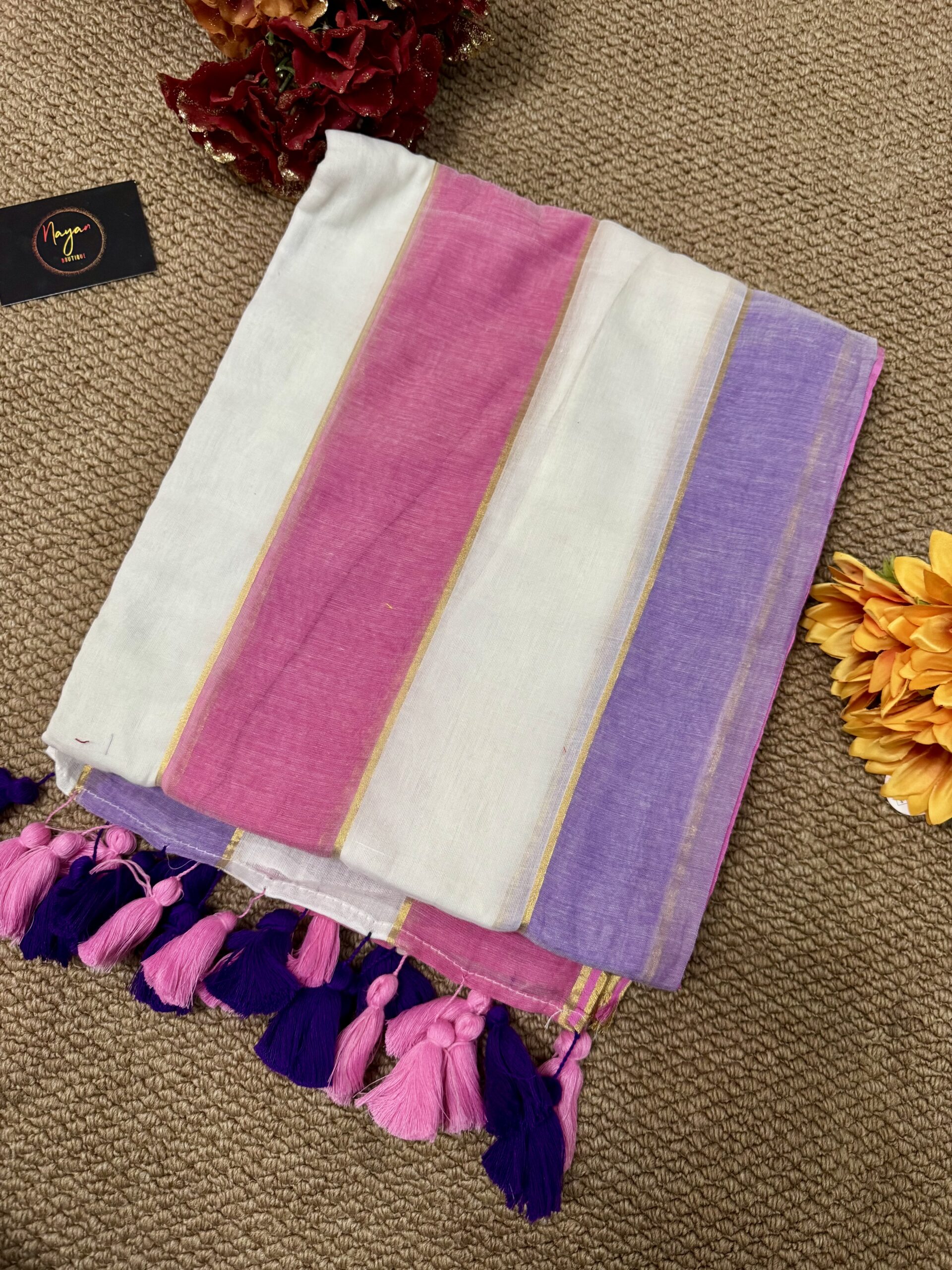 MulMul Cotton Saree - Pink & Lavender