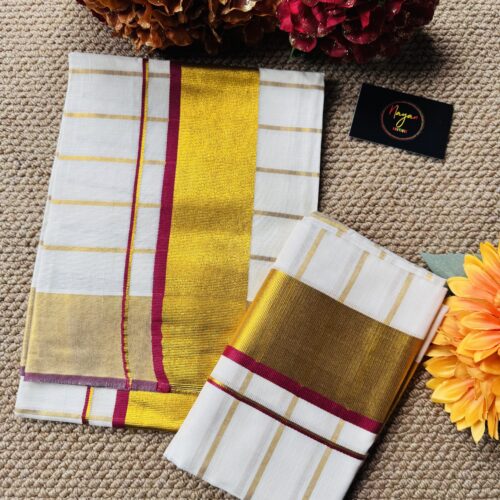 Maroon Gold Stripe Set Mundu