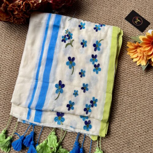 MulMul Cotton Saree - Blue Floral