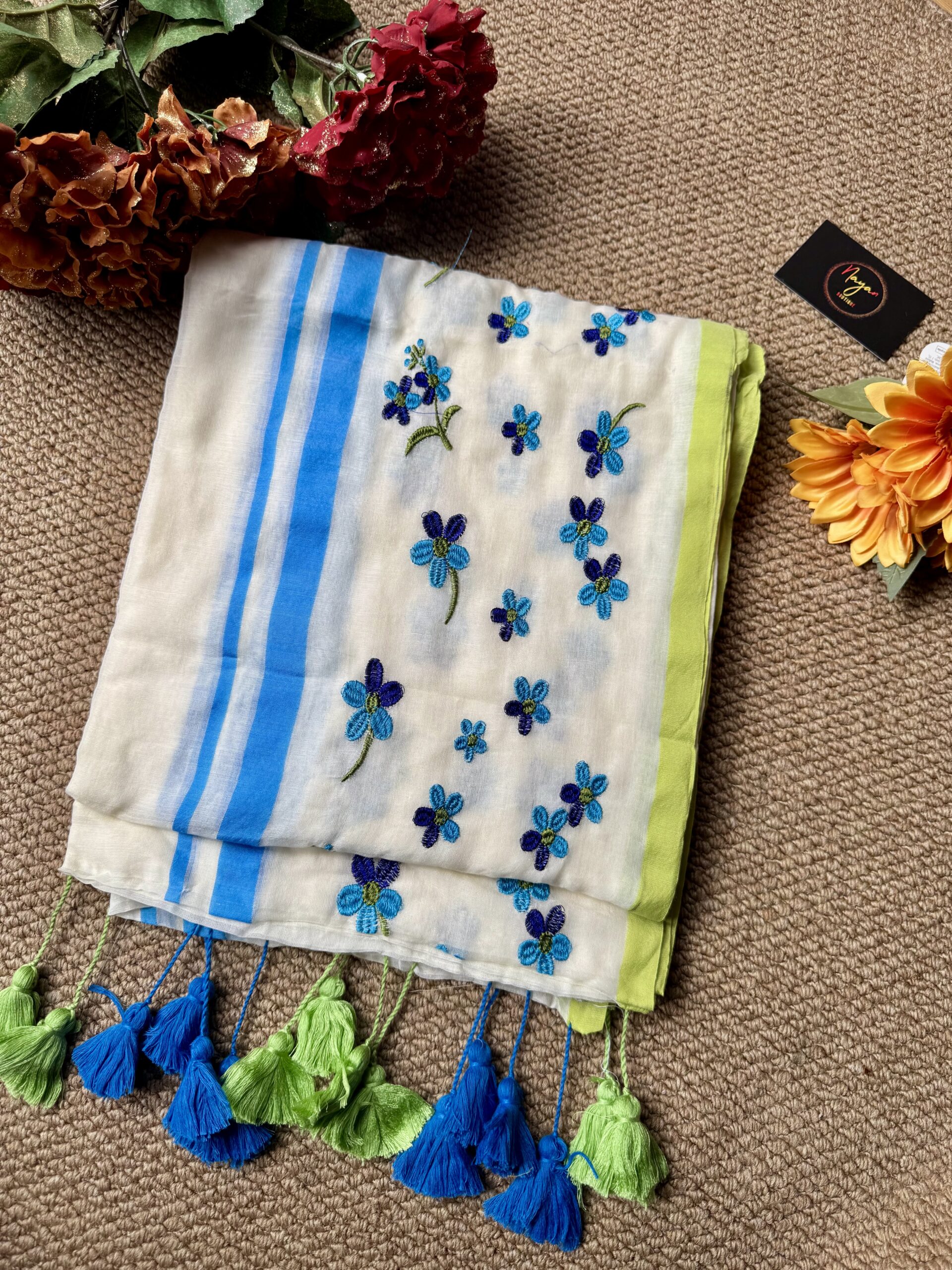 MulMul Cotton Saree - Blue Floral