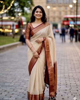 Georgette Banarasi - Chikoo & Maroon - with stitched blouse