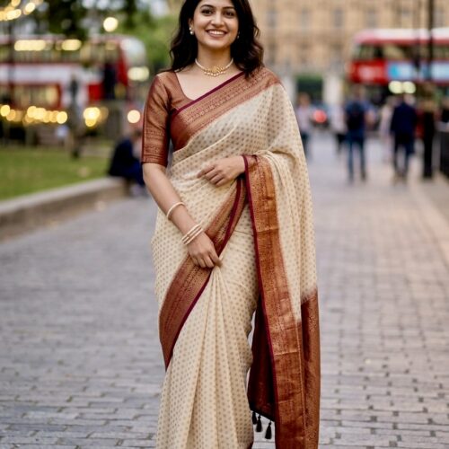 Georgette Banarasi - Chikoo & Maroon - with stitched blouse