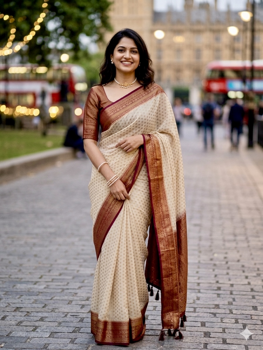 Georgette Banarasi - Chikoo & Maroon - with stitched blouse