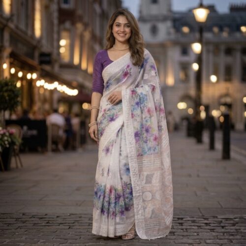 Lucknowi Floral Cotton Linen Saree - Purple