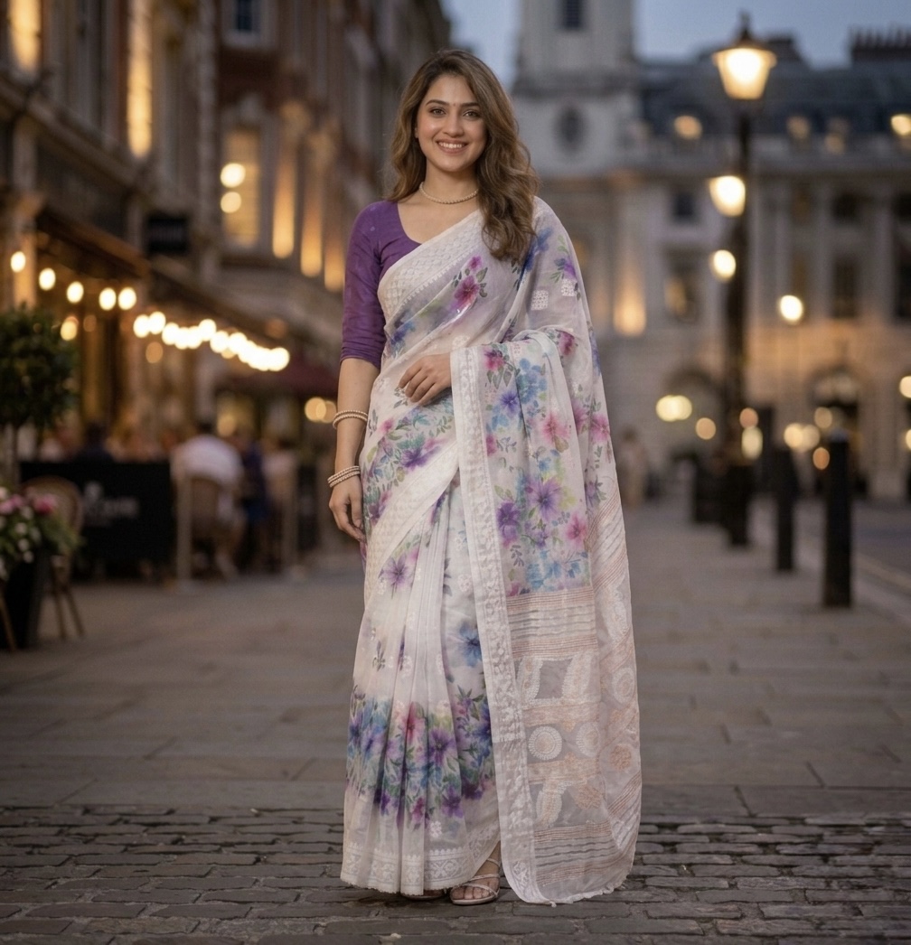 Lucknowi Floral Cotton Linen Saree - Purple