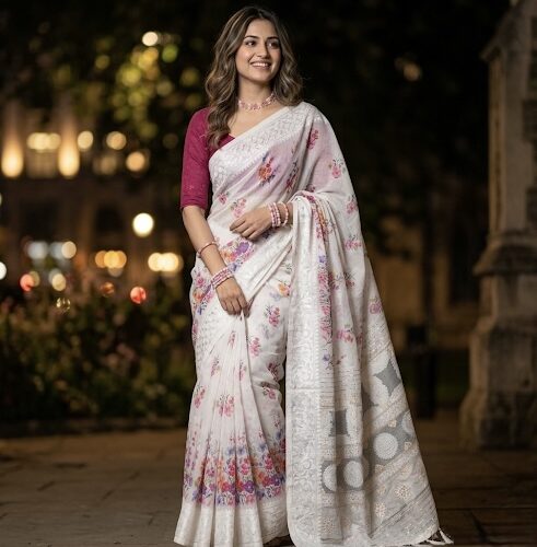 Lucknowi Floral Cotton Linen Saree - Multi