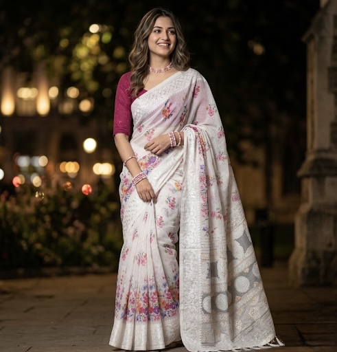 Lucknowi Floral Cotton Linen Saree - Multi