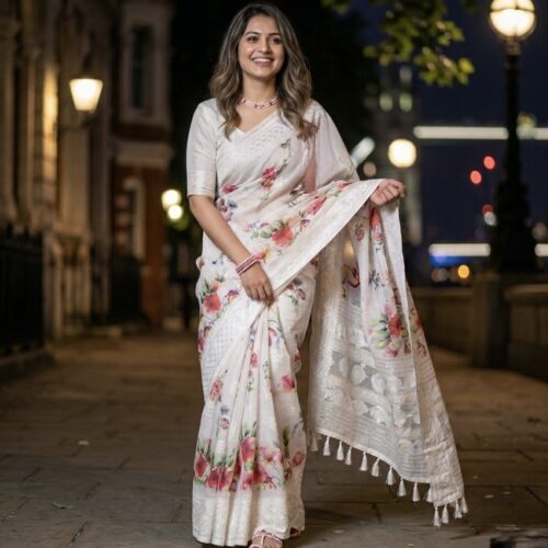 Lucknowi Floral Cotton Linen Saree - Red
