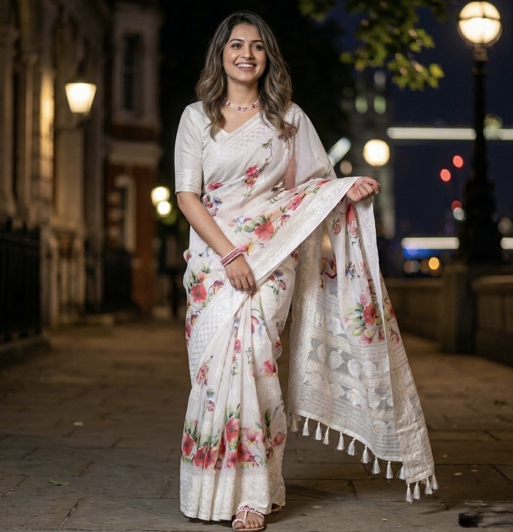 Lucknowi Floral Cotton Linen Saree - Red