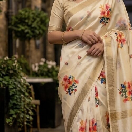 Multi Floral Digital Printed Saree - Biege