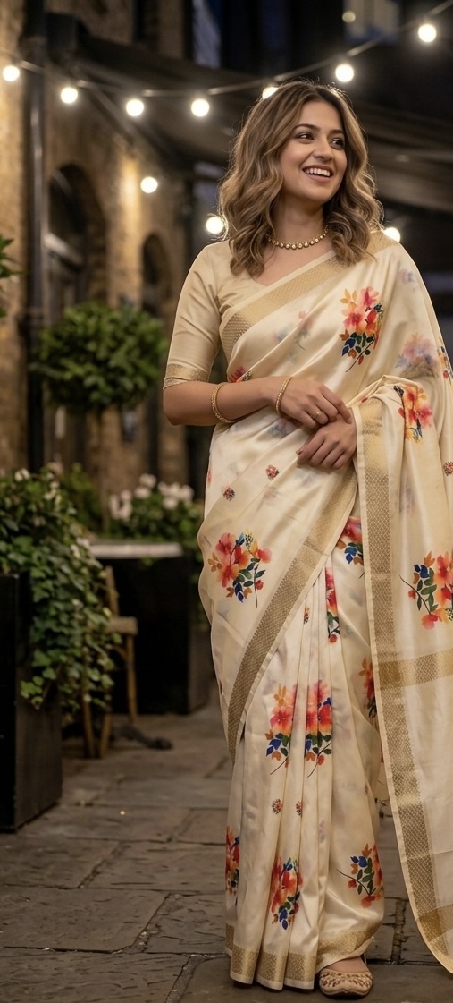 Multi Floral Digital Printed Saree - Biege