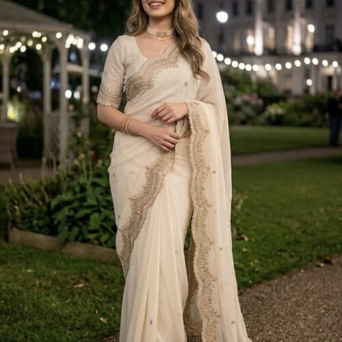 White  Bloom Beads Georgette Saree
