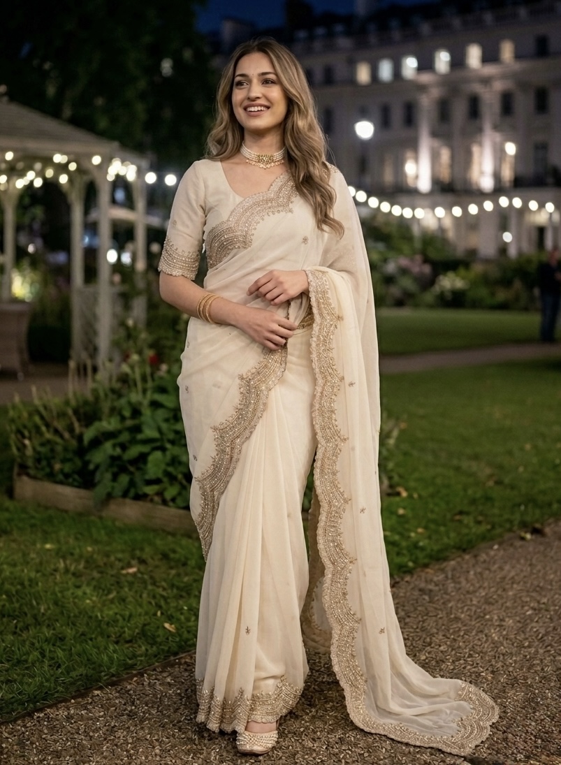 White  Bloom Beads Georgette Saree