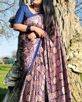 Navy Blue Ajrakh Print Modal Saree