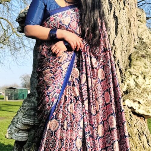 Navy Blue Ajrakh Print Modal Saree