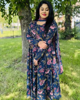 Floral  Print Anarkali Set- Navy Blue