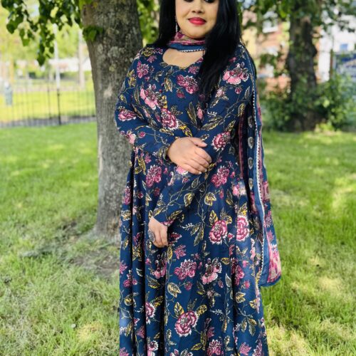 Floral  Print Anarkali Set- Navy Blue