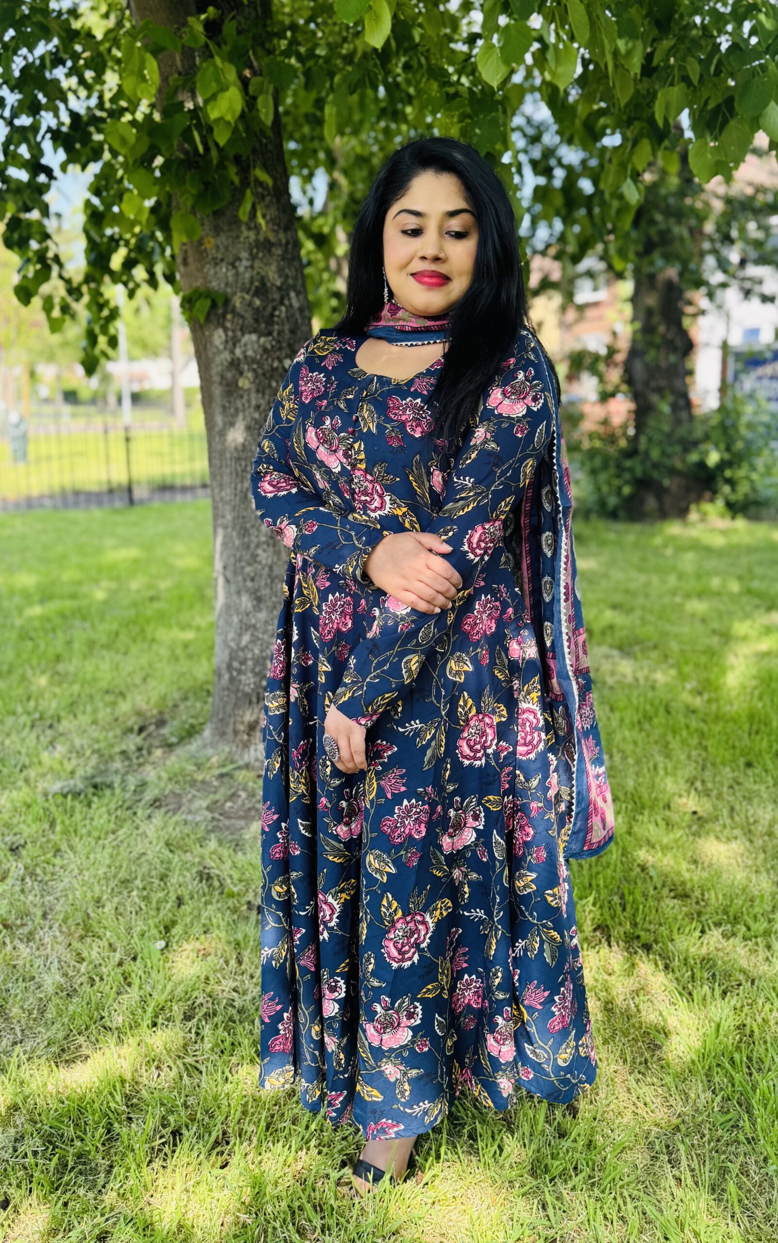 Floral  Print Anarkali Set- Navy Blue