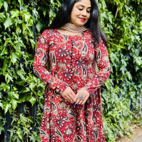 Kalamkari Print Anarkali Set- Brick Red