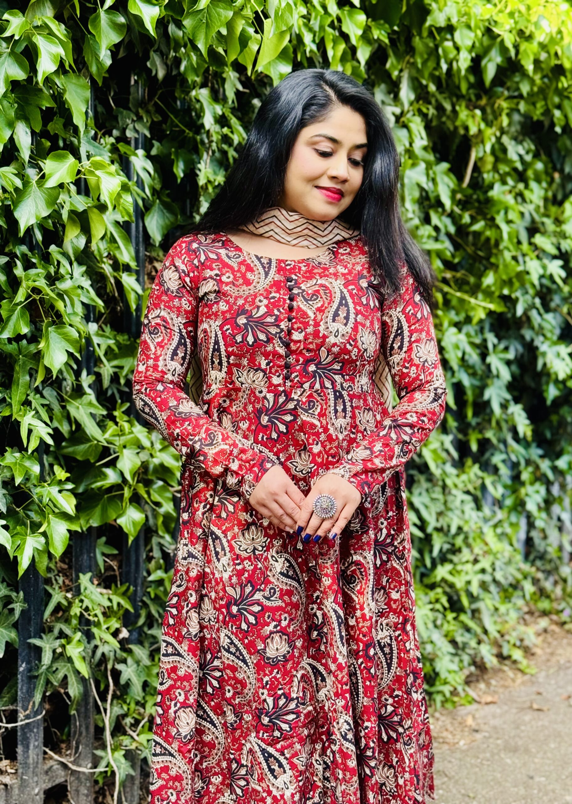 Kalamkari Print Anarkali Set- Brick Red