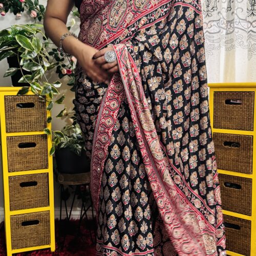 Red & Black Ajrakh Print Mirror Work Semi Modal Saree