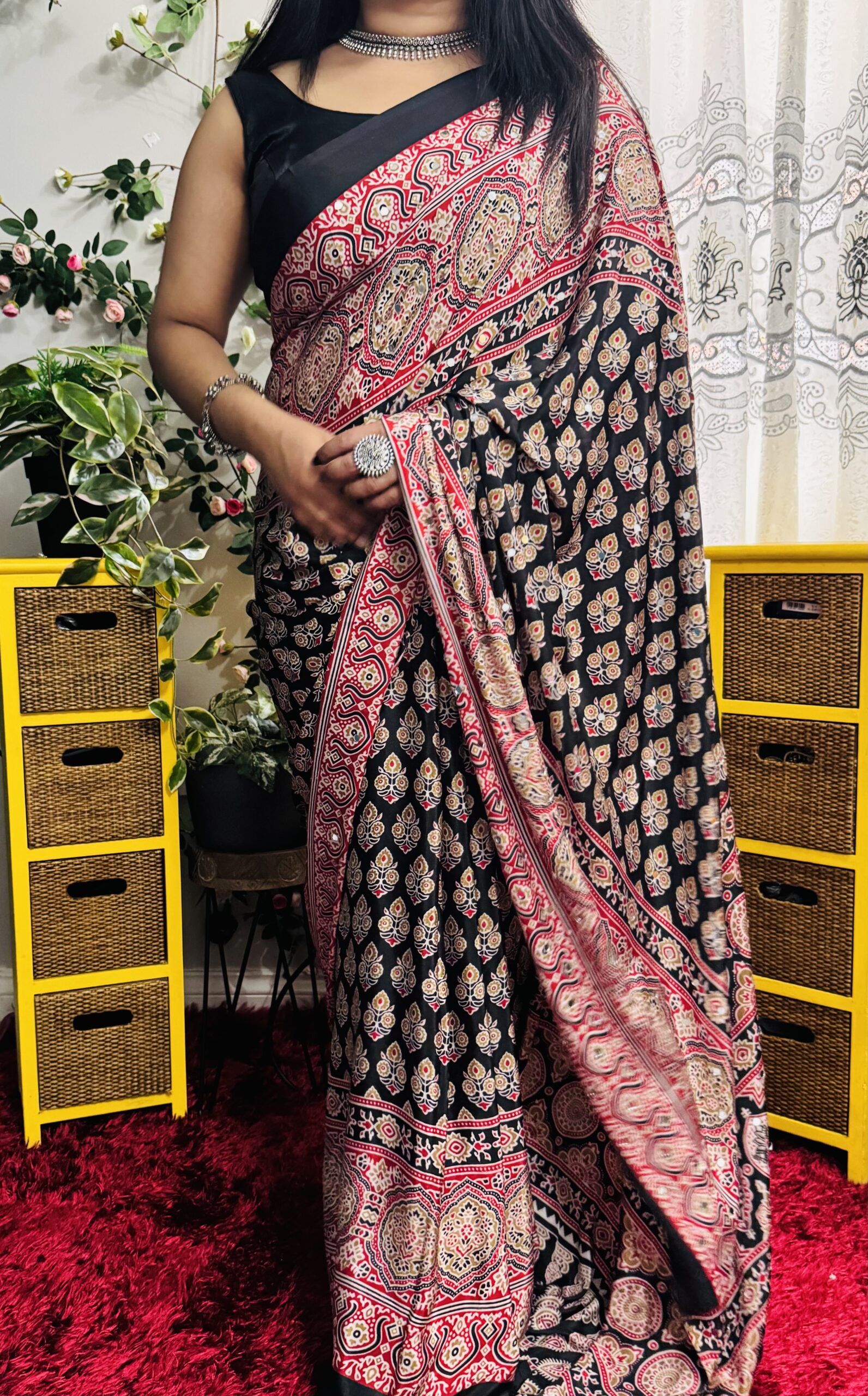 Red & Black Ajrakh Print Mirror Work Semi Modal Saree