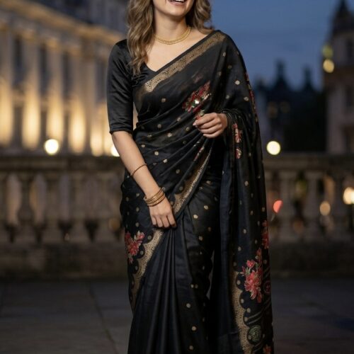 Dola Silk Floral Saree- Black
