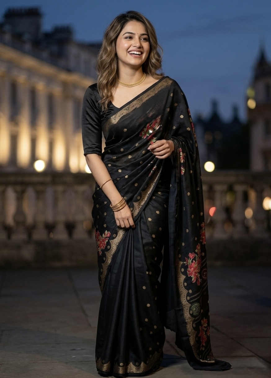 Dola Silk Floral Saree- Black