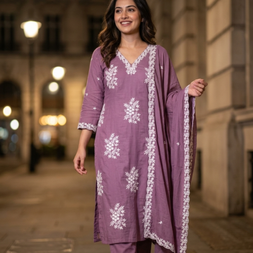 Chanderi Designer Embroidery Work Salwar Set - Dusty Purple
